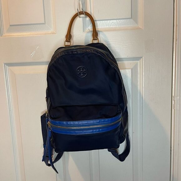Tory Burch Perry Navy Blue Nylon small backpack royal blue leather trim . main image 11